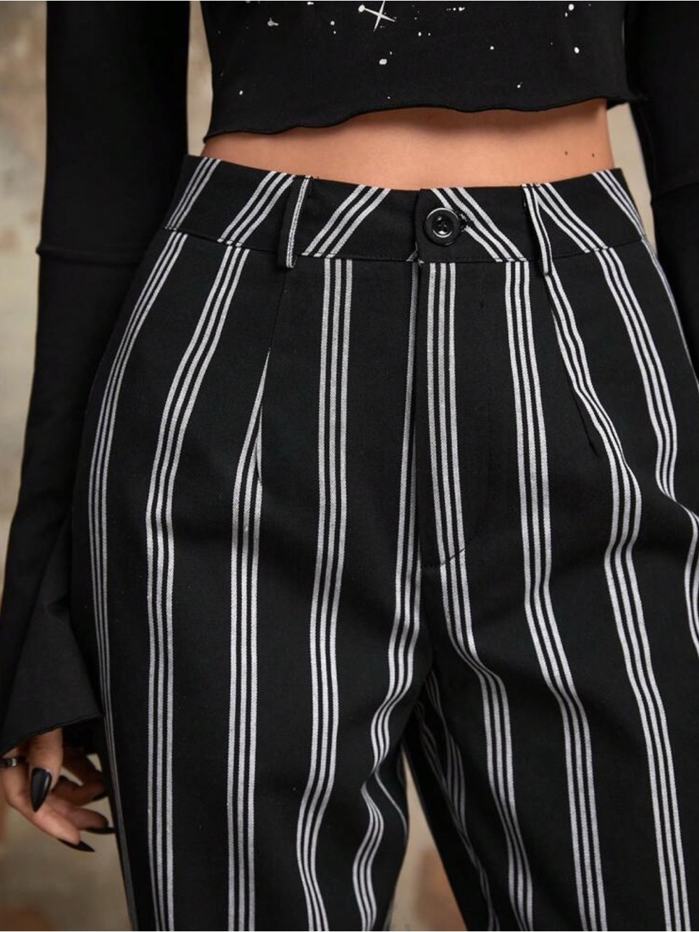 Corporate Goth Black & White Vertical Stripe High-Waist Pants, Pinstripe Size M - Picture 3 of 7